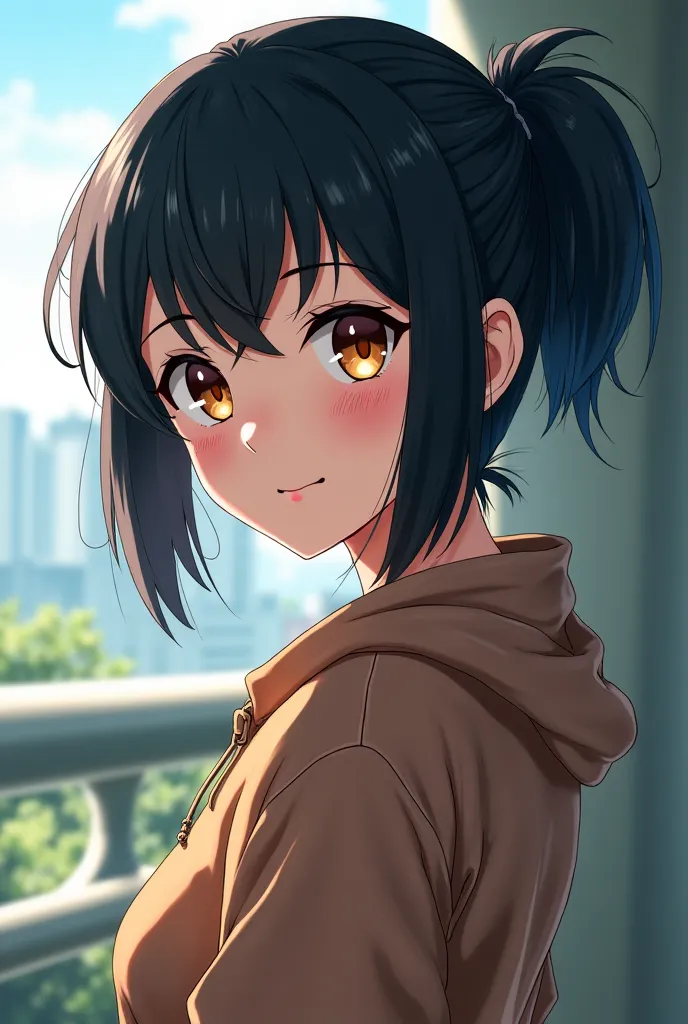 Image of an anime-style student Boku No Hero Academia,  Female, 18 years old,  light leather balcony, Mullet-style black hair, Brown Eyes