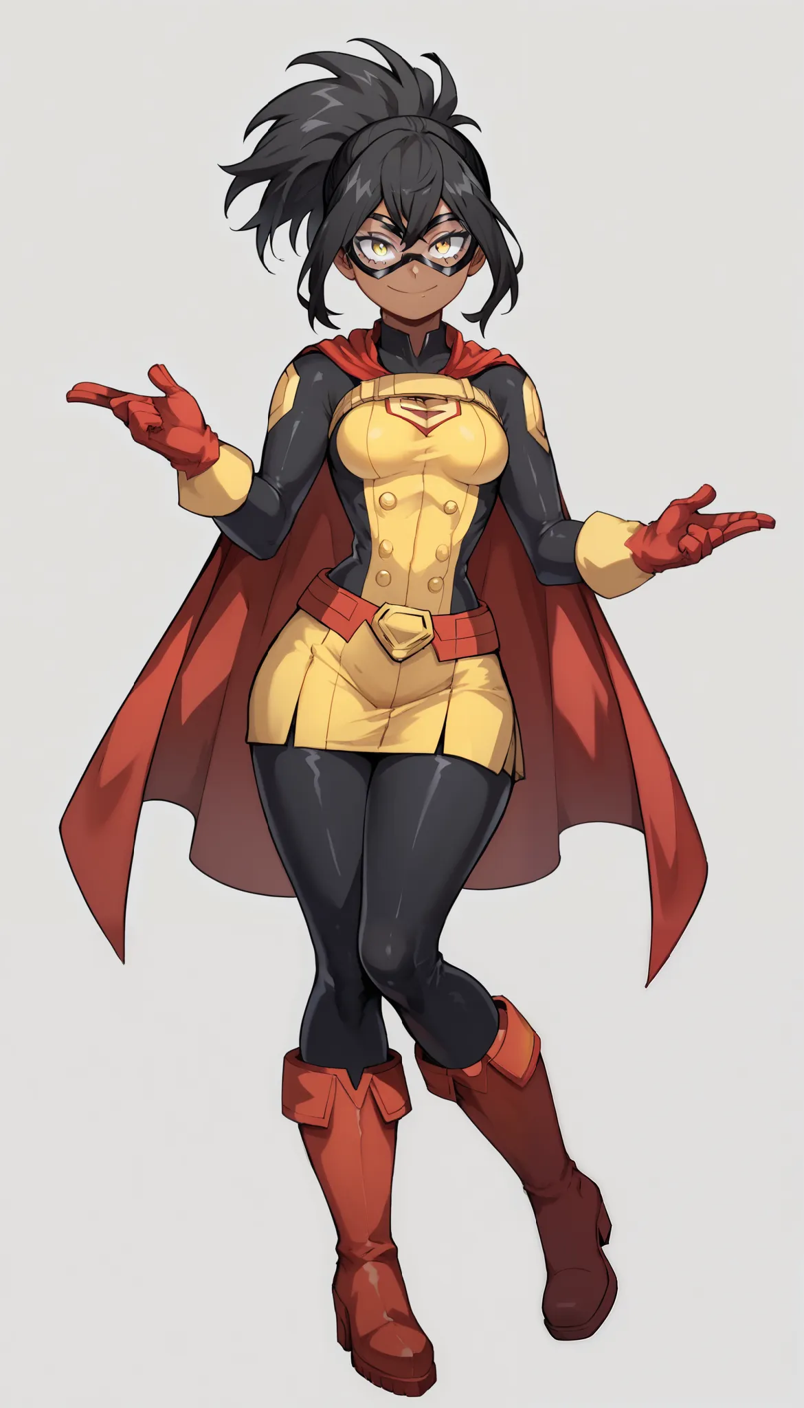 (My Hero Academia Style), (High Quality), 1Girl, Solo, Anthro, Young Girl, (Dark complexion), (yellow eyes), (black hair), (Hair in a high back ponytail), (Hero costume with yellow double-breasted jacket on top and yellow short skirt on the bottom), (Hero ...