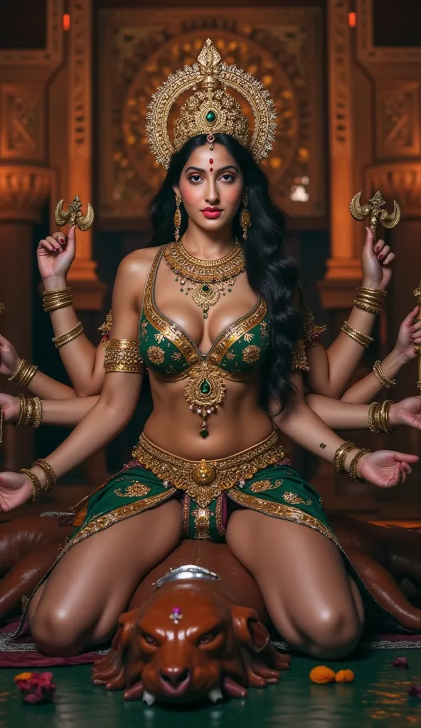 (sexy hot 🥵 devi of Indian, she has very giant boobs with cleavage, sexy long legs, she is sitting on mahishasur thighs side, mahishasur is lying on floor)The image you sent appears to be of Hindu devi of sex love , 30 year old a Hindu goddess known for he...