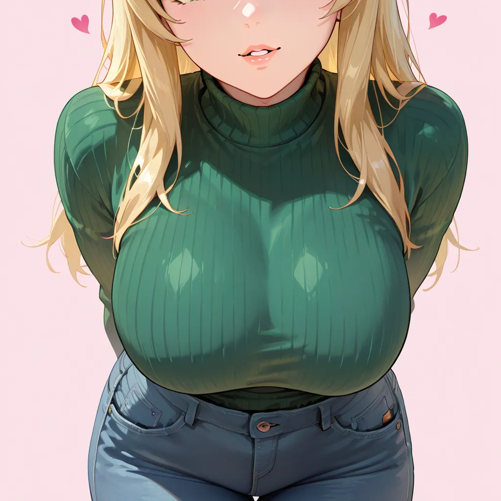 Blonde Hair, Long Hair, Green Eyes, Breasts, Jeans, Green Sweater, Hearts, Solo, Parted Lips, Loving Look, Hands behind back, Pink Backround, Sexy Body, Looking at viewer,  Close-Up, Simple Background