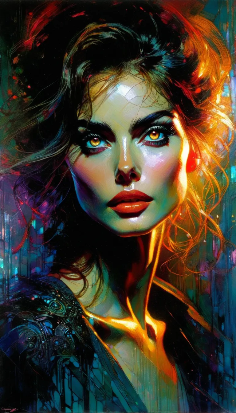 a beautiful woman with néon eyes, intricate details, oil painting, inspired by Bill Sienkiewicz, highly detailed, detailed facial features, realistic portrait, cinematic lighting, dramatic composition, painterly style, vibrant colors, chiaroscuro, moody at...