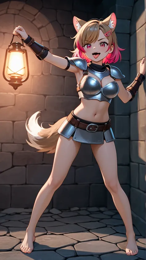 Tongue out, high resolution, look of empowerment, HD model,  tall details , high quality, quality, short hair, blond hair, multicolored hair,  breasts, big boobs, Animal ears,  wolf ears, open-mouthed armor,  smile, Tongue out,  animated,  barefoot 