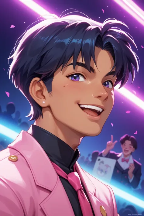 A 90s Bishonen anime-style image, in the style of Inuyasha, of a young male with brown skin, short hair, and wearing a pink suit, black shirt and pink tie. He is singing on a stage with a smile on his face in a futuristic night club surrounded by an adorin...