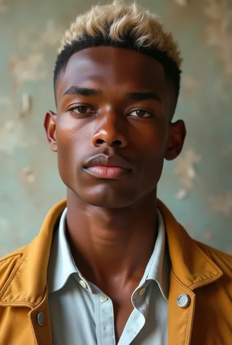 A young man with dark skin and light and short hair