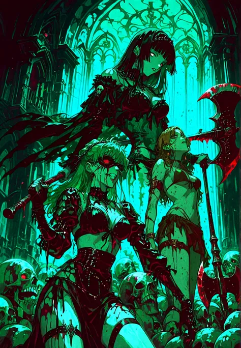 Chica gárgola, goth make-up, piel rocosa verde, bikini,  senos promedio, fighting en la cumbre de iglesia, blood, holding an axe, skulls. Background: CATHEDRAL,  Dark atmosphere, green light, man behind her