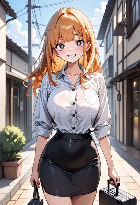 (masterpiece, top quality, very aesthetic, 4k, illustration high res, absurdres), 1Woman, standing, outside, fair skin, long orange hair, blunt bangs, brown eyes, smiling, adult, White buttoned shirt, black pencil skirt, crazy eyes, heart pupils, 30 years ...