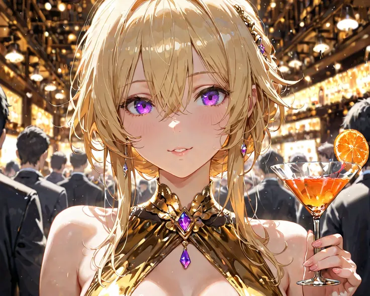 1girl, long blonde hair, hair inbetween eyes, cute, detailed eyes, purple eyes, facing viewer, sexy, welcome to Enigma, holding a cocktail, formal attire, black and gold dress, High Resolution, Masterpiece, Accurate, Anatomically Correct, Best Quality, Det...