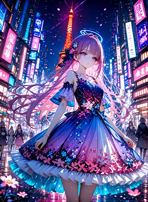 Create an AI-generated anime-style digital illustration depicting a young woman in a vibrant city scene at night. She wears a whimsical, elegant dress adorned with colorful flower petals (hues of pink, purple, and white, reminiscent of sakura and other Jap...