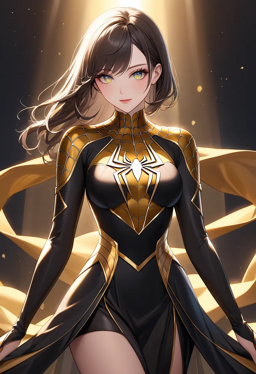 *"A stunning and sexy young girl wearing a unique Japanese fashion dress fused with superhero aesthetics. The upper part of her outfit is a sleek, golden Spiderman-inspired bodice, adorned with intricate white spiderweb patterns that elegantly trace across...