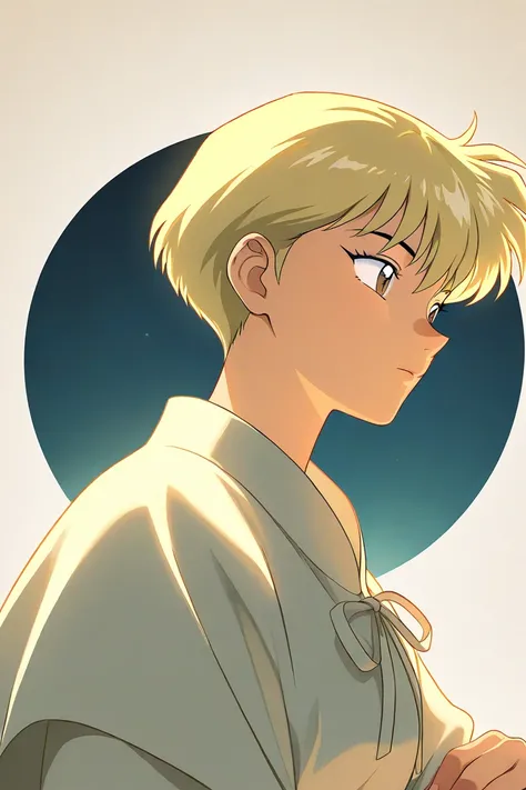 A woman that is a mother. She has shortcut blonde hair and blue eyes wearing casual clothes. She has a beautiful gaze. Kind. Inuyasha anime character art style. High quality. 