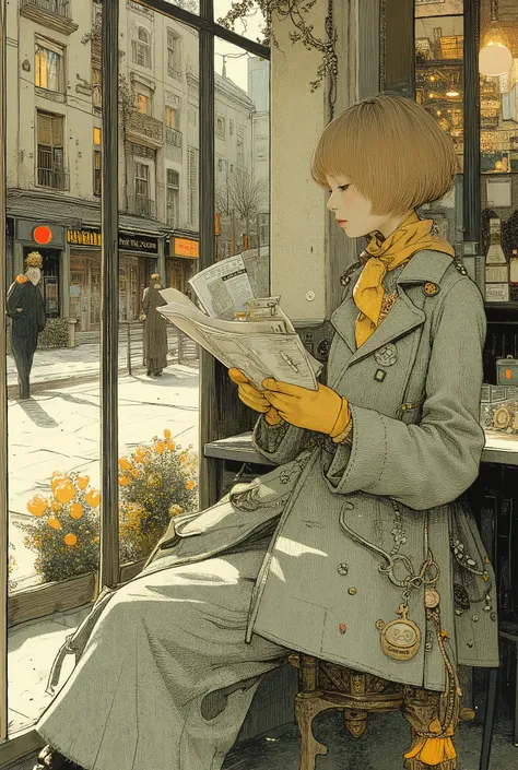 View from the sidewalk from the street through the window.Outside the window, a woman with short tousled blond hair is seen sitting half-turned by the window and reading a newspaper. A thoughtful look into the distance, through the glass.A large grey speck...