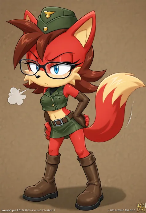 1girl, Ltvixenxl, fox girl, animal ears, animal nose, black eyes, orange fur, skindentation, glasses , garrison cap, military, green jacket, skirt, knee boots,Fiona the Fox, 1girl, blue eyes, brown hair, medium hair, red fur, yellow fur, two-tone fur, bare...