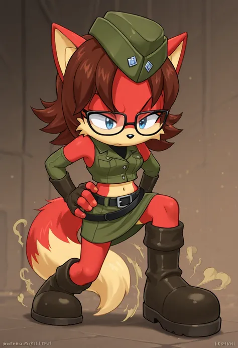 1girl, Ltvixenxl, fox girl, animal ears, animal nose, black eyes, orange fur, skindentation, glasses , garrison cap, military, green jacket, skirt, knee boots,Fiona the Fox, 1girl, blue eyes, brown hair, medium hair, red fur, yellow fur, two-tone fur, bare...