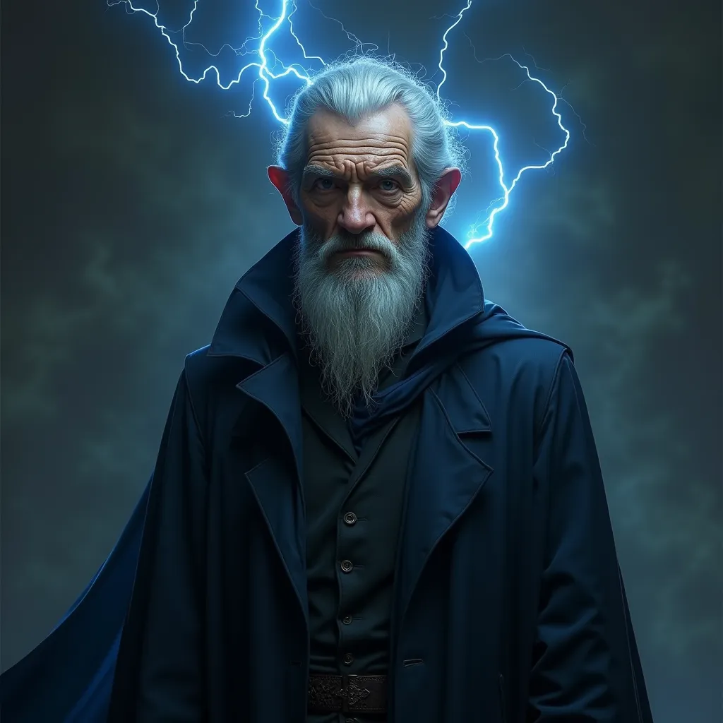 storm cleric in dark suit. 50-year-old man with short gray hair. rays coming out of the eyes. fantasy world. cleric clothes fantasy. dark fantasy. Ugly and thin. Fantasy world. Blue cothes. Simple clothes. Cabelo curto. Dungeons and Dragons. Old man ugly. ...