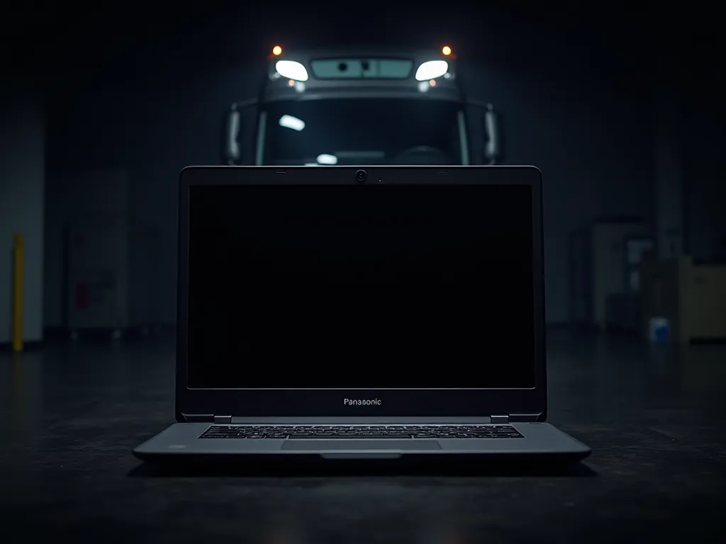 Against a dark background, a powerful Panasonic laptop with a black screen stands in the foreground. Behind it, in the shadows, a DAF truck is visible, creating a high-tech diagnostic atmosphere. The truck’s LED lights slightly illuminate the scene.