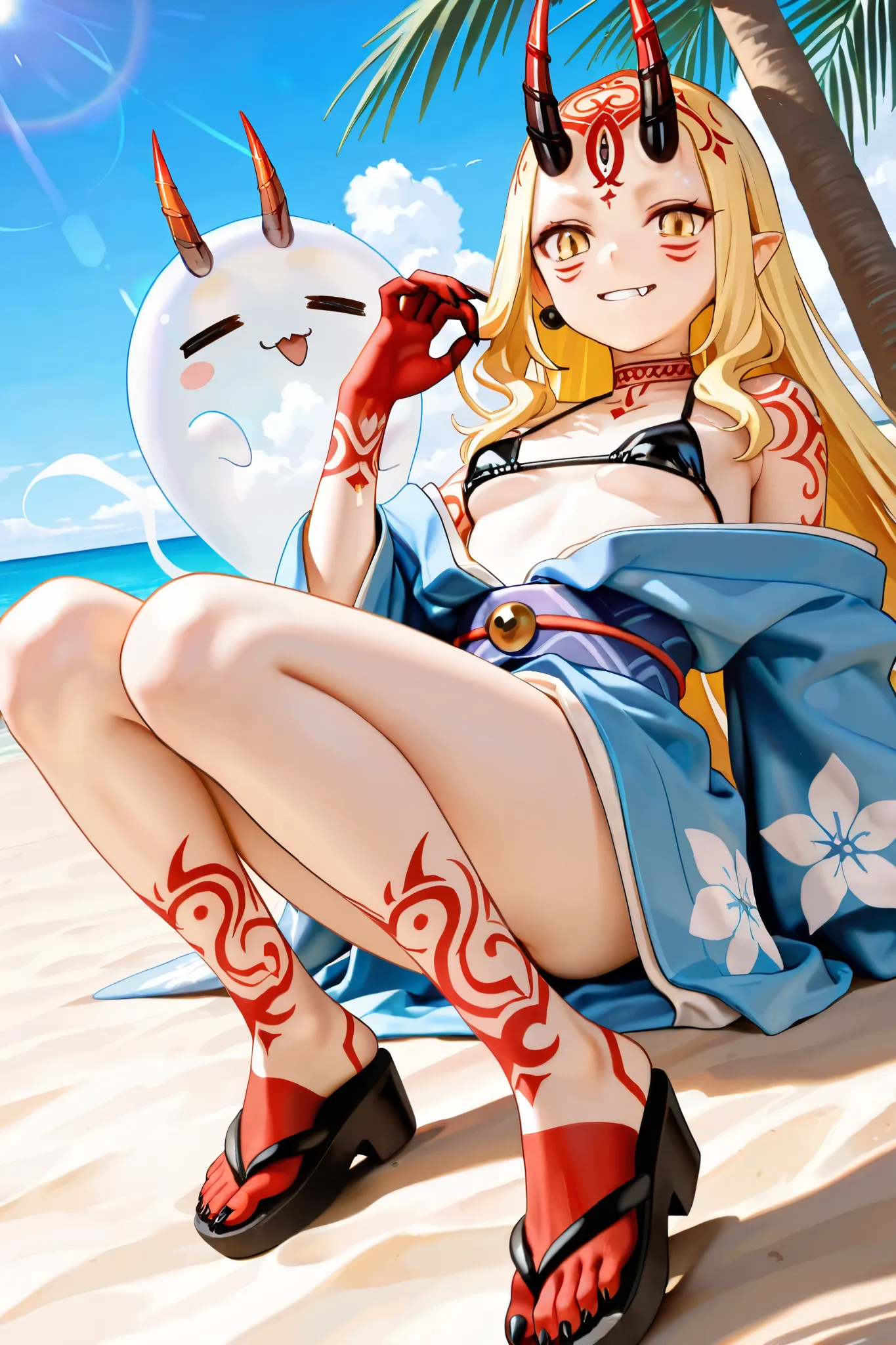 NSFW,masterpiece,Highest quality,Hi-Res,very detailed,Ibaraki Doji\(Fate/Grand Order),long hair、 Gold、side lock、yellow eyes、pointed ears、 face mark 、tattoo、 forehead mark、ghost、horn、Sharp Claws,black bikini、 kimono、 blue kimono、 jewelry、 sandals on the ski...