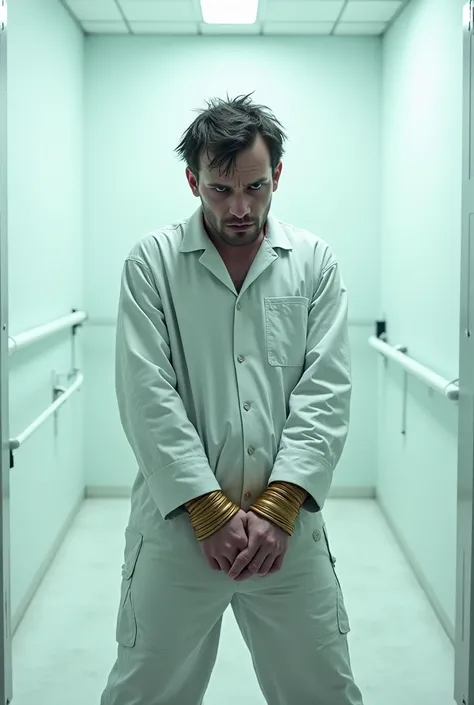 asylum patient guy in a white restricting uniform and whole white room facing forward tied up hands infront of him