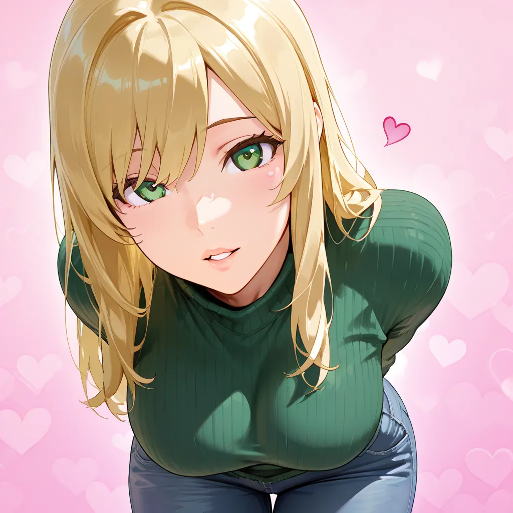 Blonde Hair, Long Hair, Green Eyes, Breasts, Jeans, Olive Green Sweater, Hearts, Solo, Parted Lips, Loving Look, Leaning forward, Hands behind back, Pink Backround, Sexy Body, Looking at viewer,  Close-Up, Heart Background