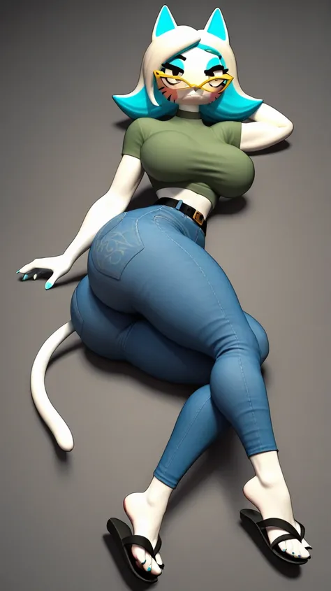 2D,anime,score_9,score_8_up,score_7_up BREAK 1girl, sexy,furry,Karen,black eyes,white fur,white hair,blue hair,eyelashes,green cropped shirt,tight thicc jeans,black belt,  yellow glasses,ribbon, cat tail,big breasts ,thicc fat ass,(((black Flip flops))), d...