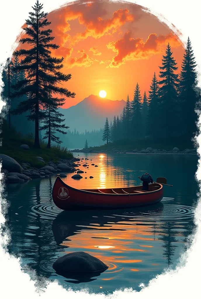 Create a image design of a canoe getting to shore in an island where a campfire is burning, add some important details about first aid, camping tent, cooking and pioneering, this design is for a patch so dont make it look like a picture