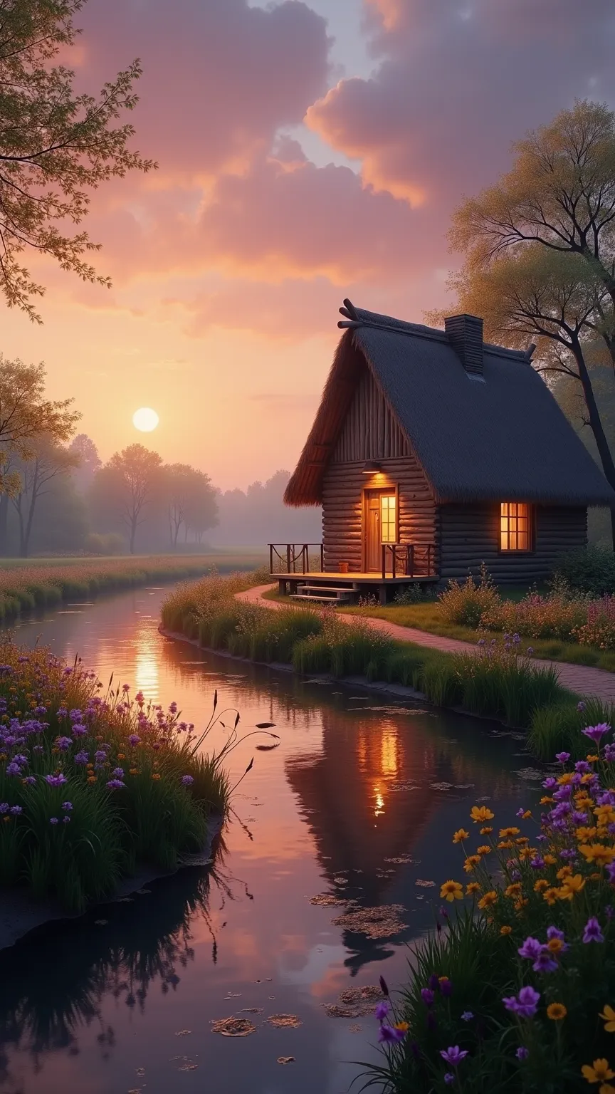 Idyllic rural landscape at dusk. A cute hut with a thatched roof that invites you to do it is standing on the banks of a quiet river, its reflections sparkle in quiet water.  The dress itself is a masterpiece of craftsmanship , create software, Hazy atmosp...