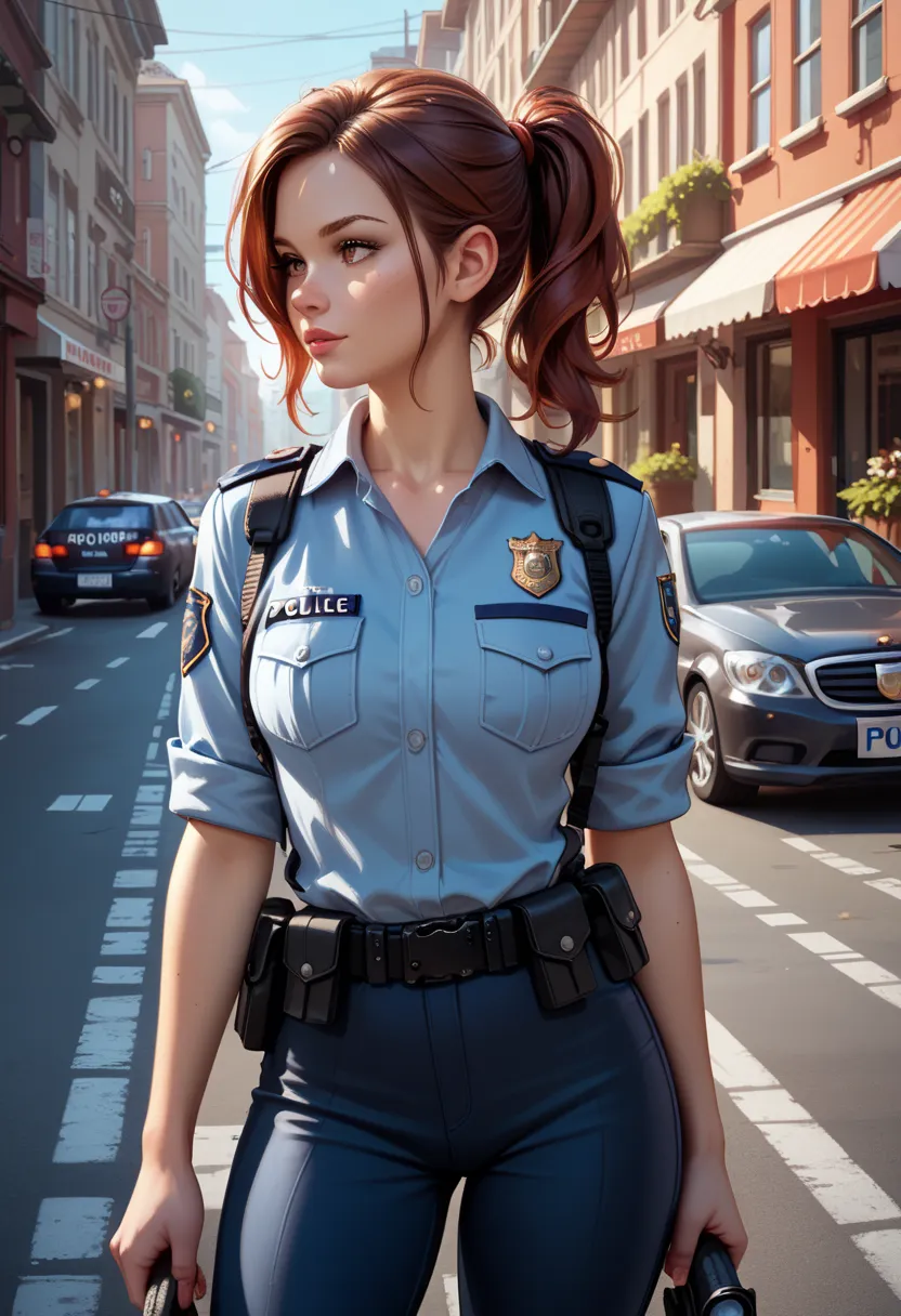 score_9, score_8_, score_7_, Young woman in her twenties,  beautiful, reddish brown hair,  ponytail hairstyle , sexy police uniform, big boobs, in the street, UHD, 8k