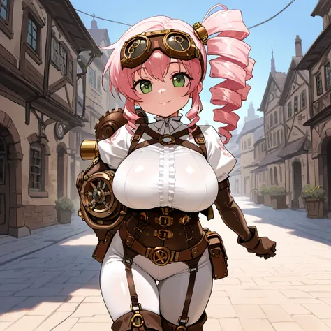 Score_9,  4k, 8k, Super detailed, masterpiece,, source_anime,  anime oppai loli, fat, long hair,  girl ,solo, ,pink hair, drill hair, side ponytail, , green eyes, super detailed eyes,  large breasts, smile, large butt , cowboy shot,,  ,thicc, shortstack, ,...