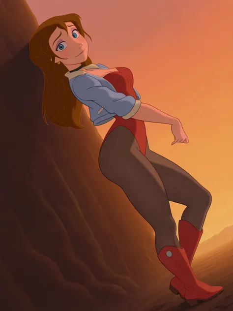 (anime screencap:1.2), background, 1girl, medium breasts, (JaneXL:1.1), long hair, brown hair, blue eyes, makeup, light smile, dutch angle, shy pose, shy, looking at viewer, daylight, portrait, dynamic pose, from side, blue small jacket, red leotard, black...