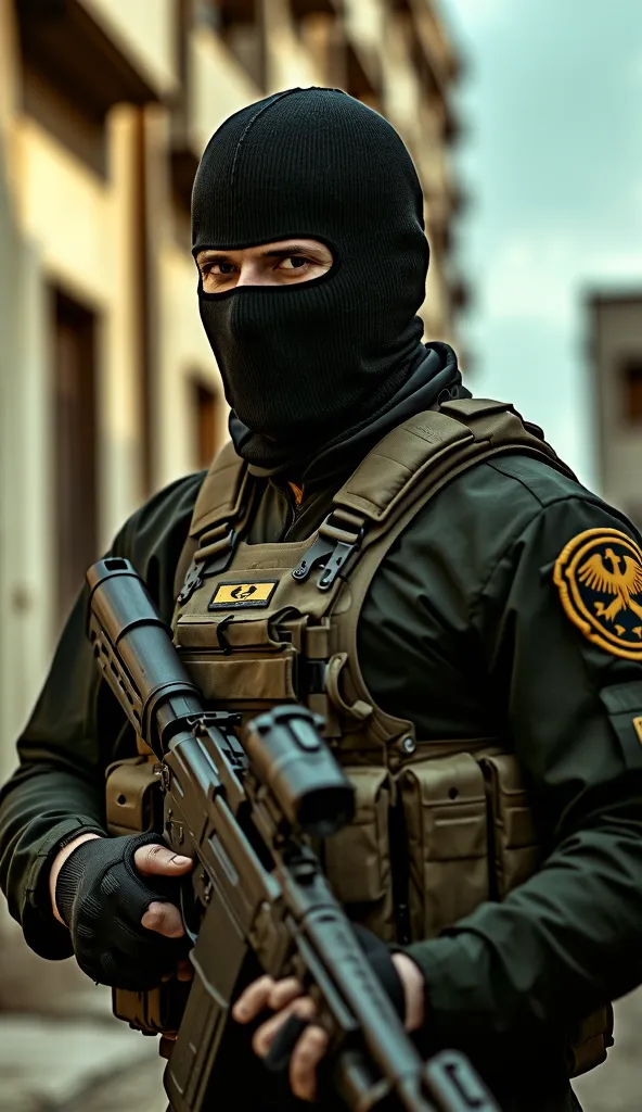 "Photorealistic man in tactical gear, with a black balaclava, wears Balaclavas. He is wearing a dark green military uniform with a bulletproof vest, with gloves and tactical pads. athletic build, strong posture, confident look, conveying composure and expe...