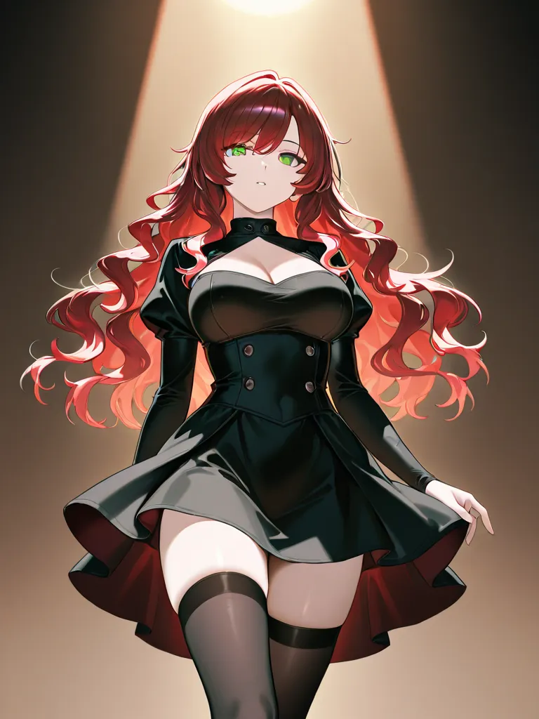 masterpiece, best quality, changli \(wuthering waves)\,  red hands, large breast, black dress, short skirt, Crimson hair, green eye, wear black stocking, full body