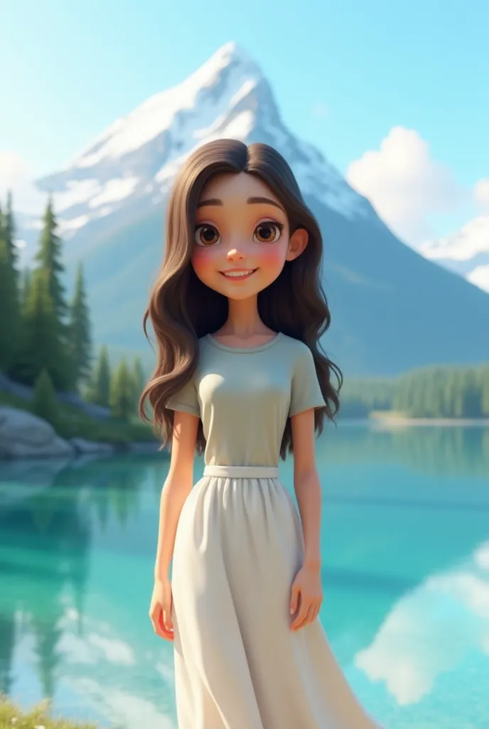 A woman in a realistic 3D cartoon,  with long wavy dark brown hair,  hazel eyes , wearing a t-shirt and a long flowing white skirt . The background is a blue lake with a snowy mountain on top .