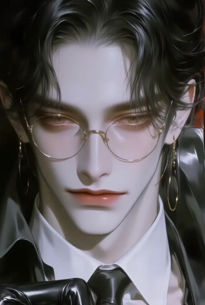 A handsome man, black hair, masterpiece, best quality, vibrant, very aesthetic, high contrast, semi-realistic, high resolution, cinematic-lightning, detailed face, detailed eyes, amber eyes, wearing a glasses, wearing a white long-sleeved button-down shirt...