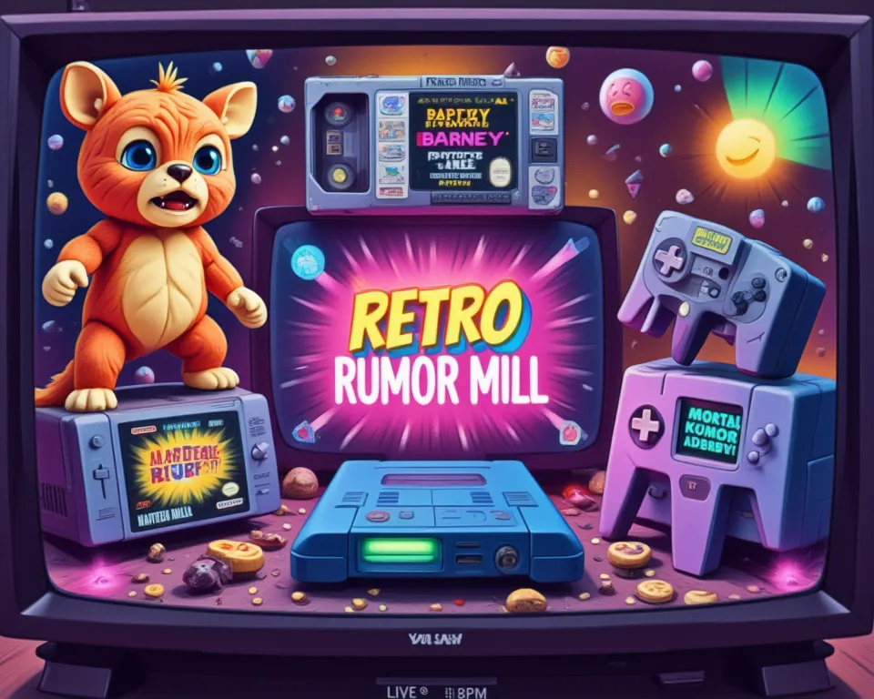 "YouTube channel banner designed like a 90s TV screen: CRT scanlines overlay a collage of fake nostalgic items. Include:  
1. A Furby-Pizza hybrid toy box labeled 'PIZZABY (1997)' with a crying  holding it.  
2. A VHS tape titled 'BANNED BARNEY EPISODE: DE...