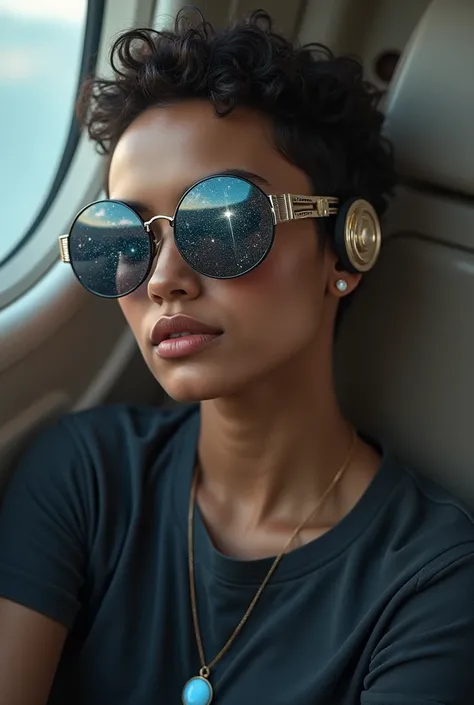 The model is wearing glass sunglasses with stars and the moon on the glass