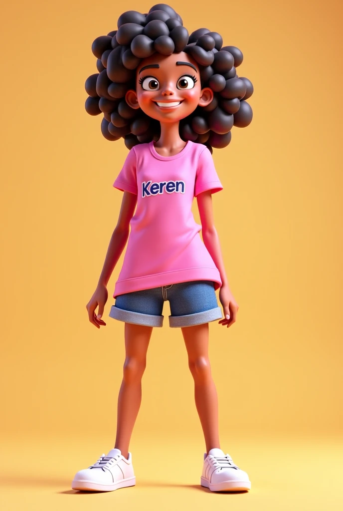 , s, curly hair , 3d drawing, In long pink t-shirt and jeans shorts and white sneakers, Keren written on clothes, cheerful background