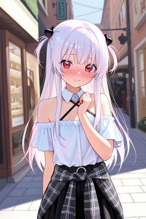 detailed, masterpiece, hd, 1girl, white long hair, red eyes, casual outfit for musician, yami kawaii style outfit, cardigan around waist, wing collar halter, yami kawaii style outfits, cozy atmosphere, slight blush, oil painting, in a lonely street