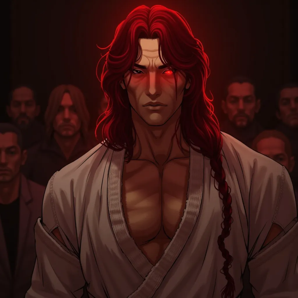  1A man who is a father, good looks, red long hair, brown eyes, red light aura eyes, strong, durable figure, moderate muscles, big height, torn karate shirt, background with a lot of sick people, high definition, depth of field, best quality, Quality
There...