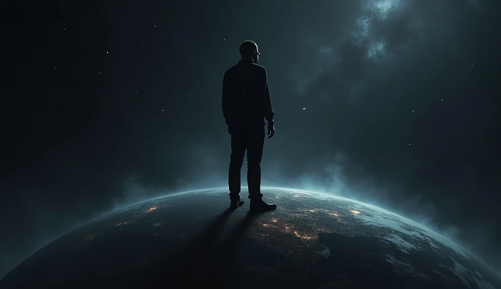 A man in a black shirt and black pants stands on half of the globe. Around space and stars.