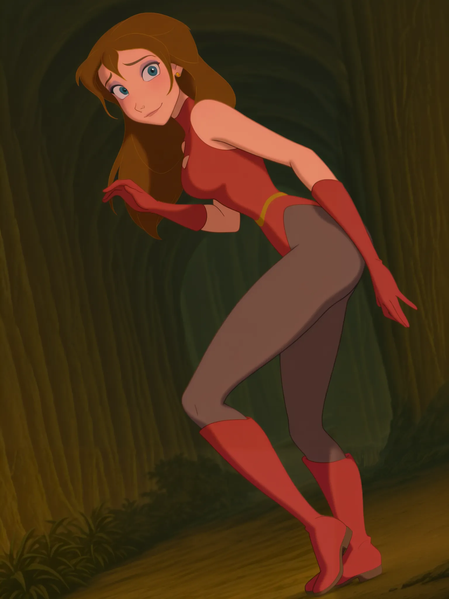 (anime screencap:1.2), background, 1girl, medium breasts, (JaneXL:1.1), long hair, brown hair, blue eyes, makeup, light smile, dutch angle, shy pose, shy, looking at viewer, portrait, dynamic pose, from side, red long gloves, red leotard, black pantyhose, ...