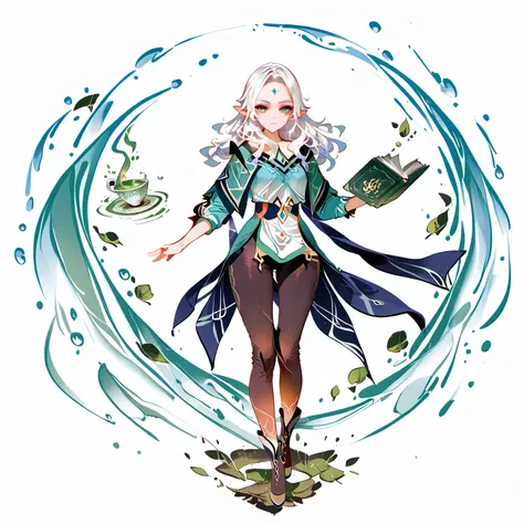 [(white background:1.5)::5], 1 girl, daring, mid shot, full body, girl, elf, white hair, long hair, purple eyes, green eyes, ((gradient eyes)), forehead, medium forehead, splash art ,  background, books, tea, green tea, ( sky on background:1.1) ((full leng...