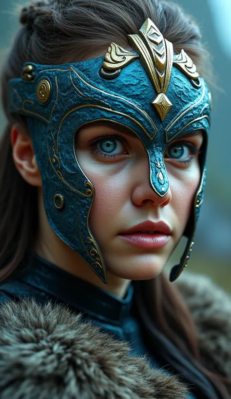  Here is a detailed prompt to generate an image  ** super realistic** like ****, in a style **viking**, focused **only on the face**, with a very detailed and shiny metallic blue and gold mask, and an impactful background: --- **"Close-up hiper-realista do...