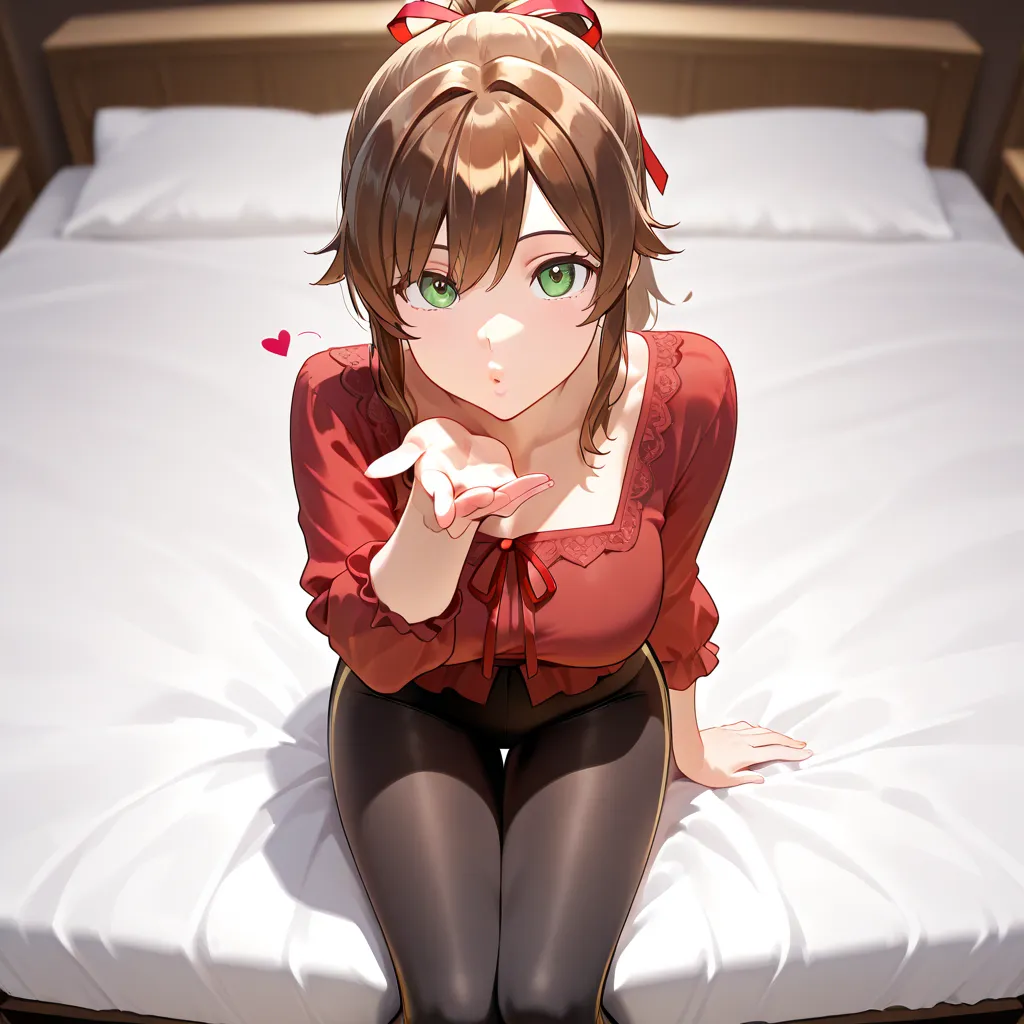 Brown hair, Green Eyes, Breasts, Red Shirt, Solo, Blowing a Kiss, Ponytail, Red Ribbon, Flowy Hair, Red Blouse, Black Leggings, Sitting on Bed, Looking at viewer, Close-Up, Hearts