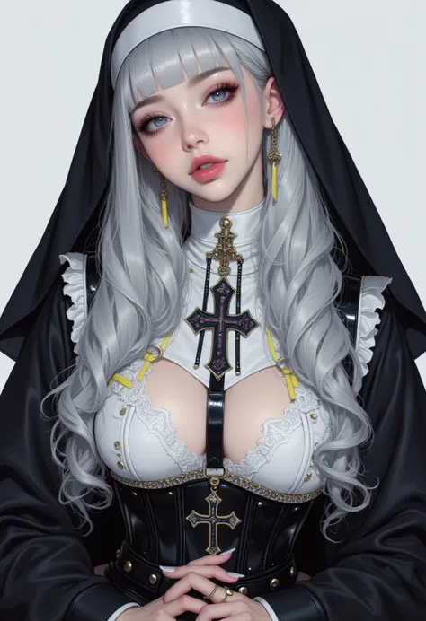 This is a, Digital illustration of a young Korean Bae Suzy woman, gloss lips, extremely curly and long white hair with neon yellow highlights! pale skin, Blush + blue eyes atraentes + in a provocative nun costume,  created in a hyper-realistic , photoreali...