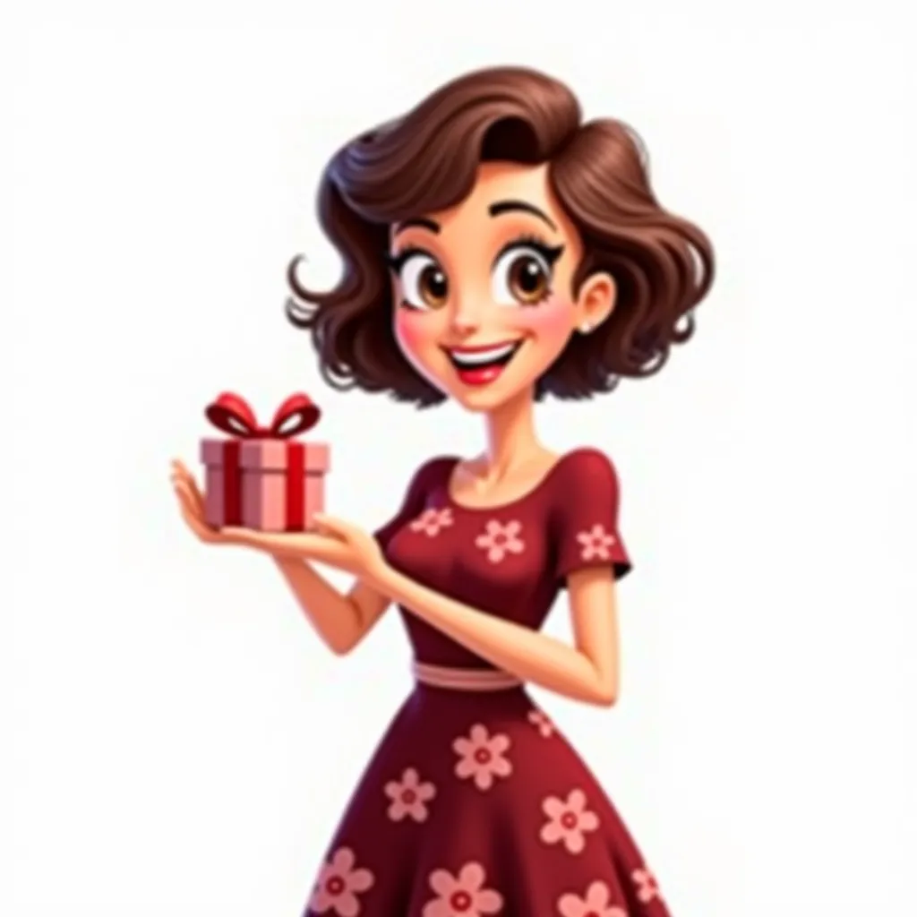 Future Tense Prompt (Semi-Realistic Cartoon Art - White Background):
A beautiful 27-year-old woman with short, wavy hair, wearing a dark red floral dress, holds a small gift in her hands and extends it towards the viewer with a warm smile. Her big, express...