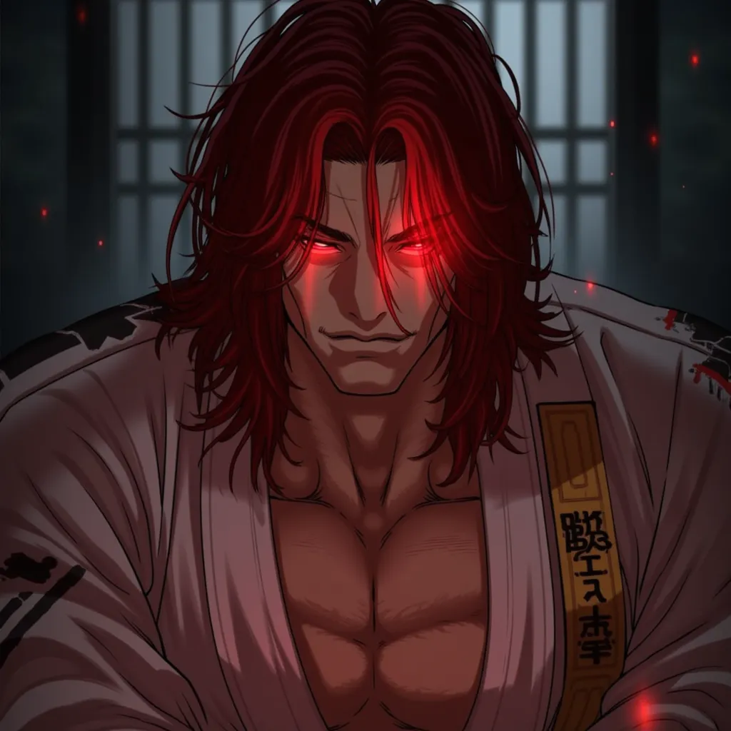  1A man who is a father, good looks, long red hair, brown eyes, red light aura eyes, strong, durable figure, moderate muscle, big tall, karate shirt, broken karate shirt, prison background, lots of people sleeping in a lot of pain, high definition, depth o...