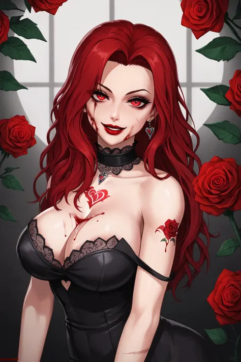 A girl with red eyes, long scarlet hair, she has a red rose in her hair. She is wearing a very sexy cut black dress. She has a very intense look, a sadistic smile, blood red lipstick. She has very big breasts. She has a red rose tattoo on her chest. She ha...