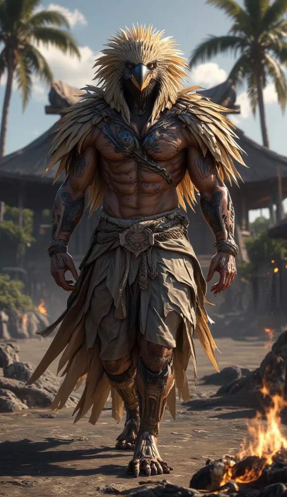 Description: A powerful warrior with the head of a fierce eagle, walking towards views his beak sharp and deadly, golden-brown feathers forming a regal crest atop his head. His human body is a vision of raw strength, with broad, tattoo-covered arms display...