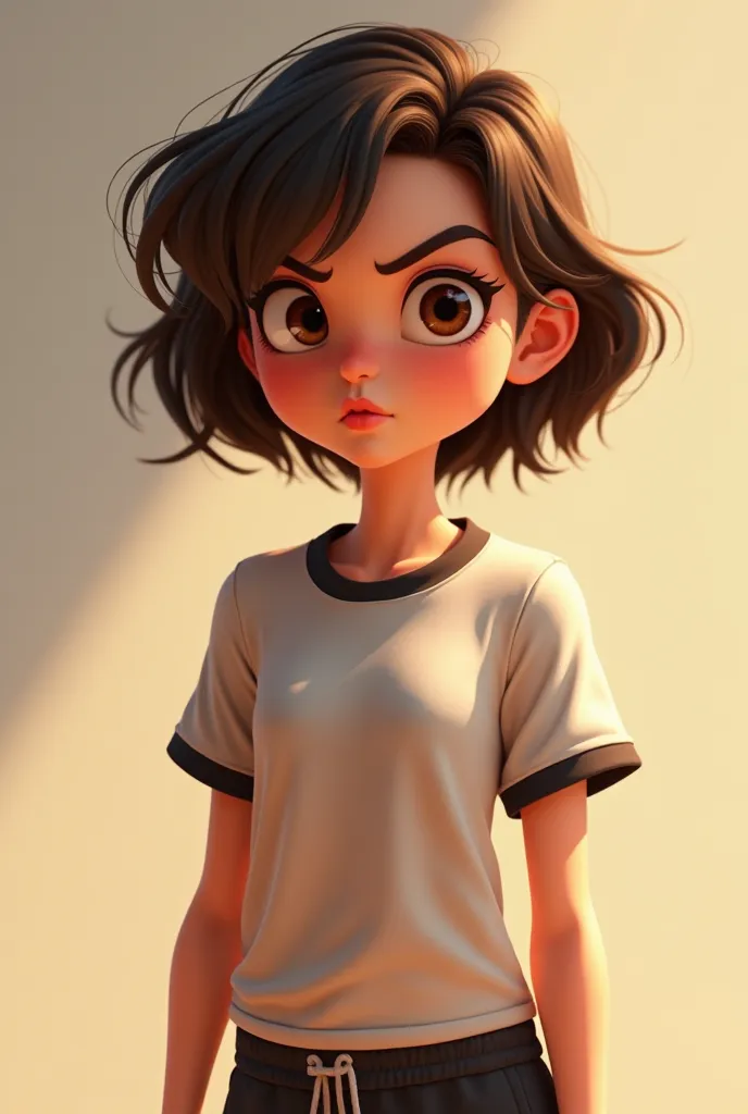 Create me a Pixar-type character that goes age girls with brown eyes, the shade of hair that is a medium-dark brown that is short in height but who is very adolescent, whose clothing is sportswear, but as I told you that he looks very Pixar-like, IT MUST B...