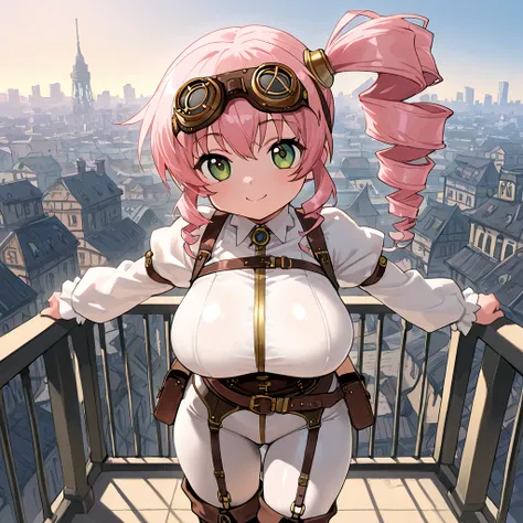 Score_9,  4k, 8k, Super detailed, masterpiece,, source_anime,  anime oppai loli, fat, long hair,  girl ,solo, ,pink hair, drill hair, side ponytail, , green eyes, super detailed eyes,  large breasts, smile, large butt , cowboy shot,,  ,thicc, shortstack, ,...