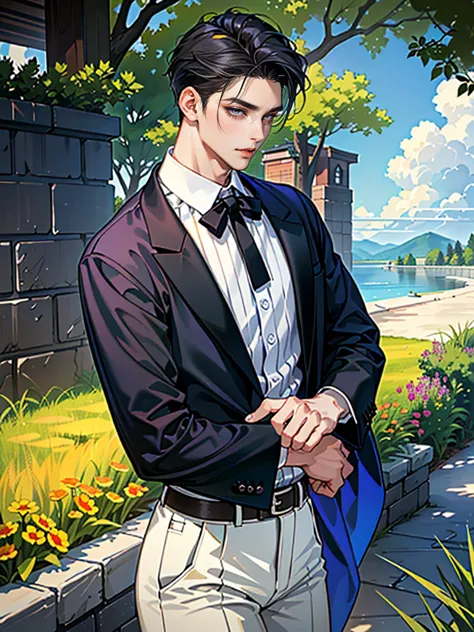  (masterpiece,best quality,ultra_detailed,highres,absurdres), (detailed shadow), (quality light), 1 (mature_male:1.8) (with bulge:1.4), (webtoon, manhwa_Jinx:1.5), 30-ish, (muscleale focus), (solo:1.6), short black Quiff hair with Soft Fringe (bangs part o...